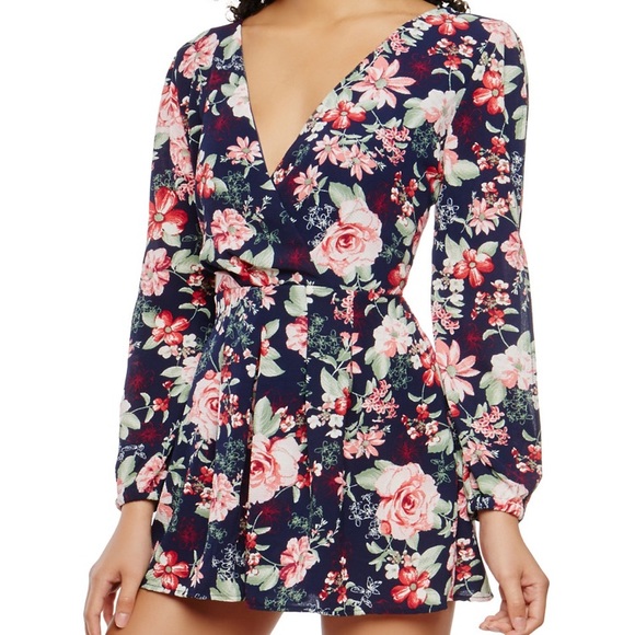 Rainbow Pants - Navy blue floral long sleeve romper
